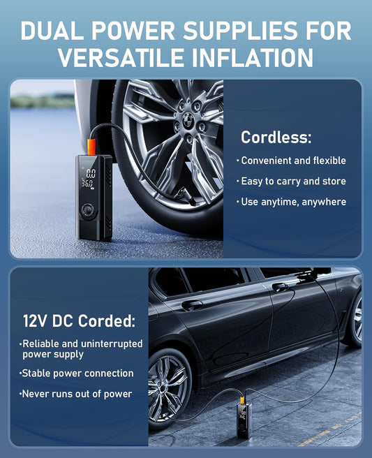 Tire Inflator Portable Air Compressor, Cordless Battery Powered and 12V DC Dual Power Air Pump for Car Tires, 150PSI Electric Bike Tire Pump with Pressure Gauge, LED Light for Car, Bike, Motor, Balls