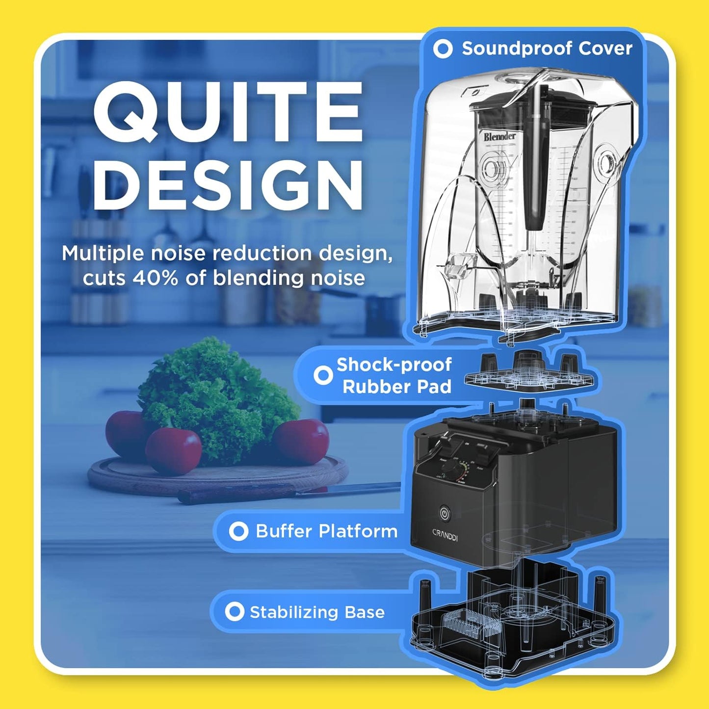 CRANDDI Commercial Quiet Blender, Soundproof Blenders, 2200 Watt Powerful Professional Kitchen Blender with BPA-Free 80oz Pitcher, Smoothie Blender for Commercial and Home K90 (Grey)