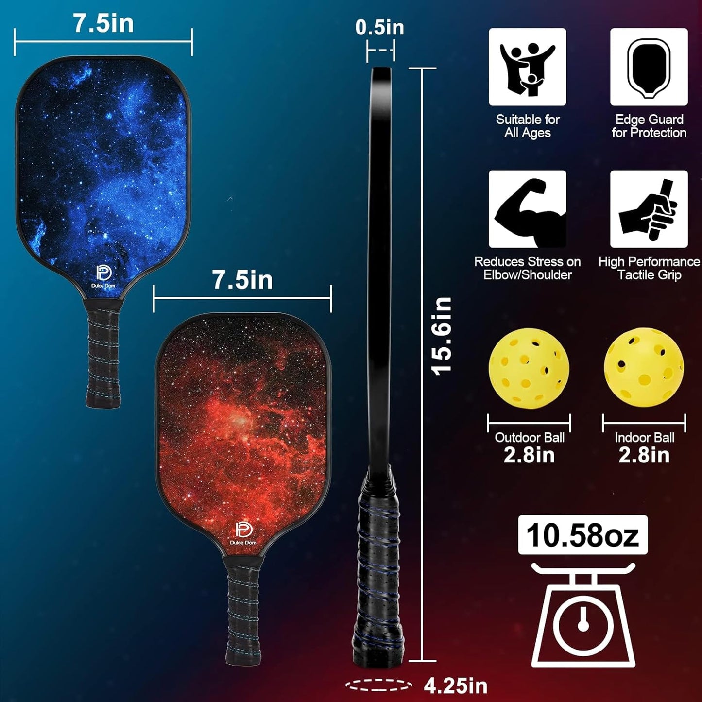 DULCE DOM Pickleball Paddles, USAPA Approved Fiberglass/Graphite Pickleball Set of 2/4 with Pickleball Paddles, 4 Pickleball Balls and Pickleball Bag, Pickleball Rackets Equipment for Beginners & Pros - PuriLite