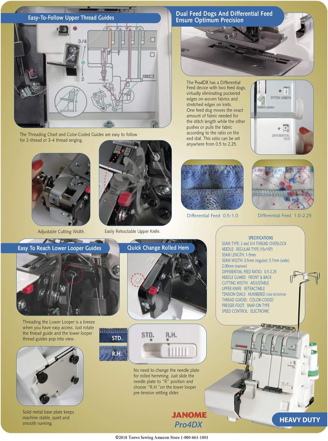 Janome Pro4DX Heavy-Duty Overlock Serger, with Easy Threading Lower Looper, Differential Feed, 2 needle, 2/3/4 Thread Overlock Stitching. Metal Thread Mast