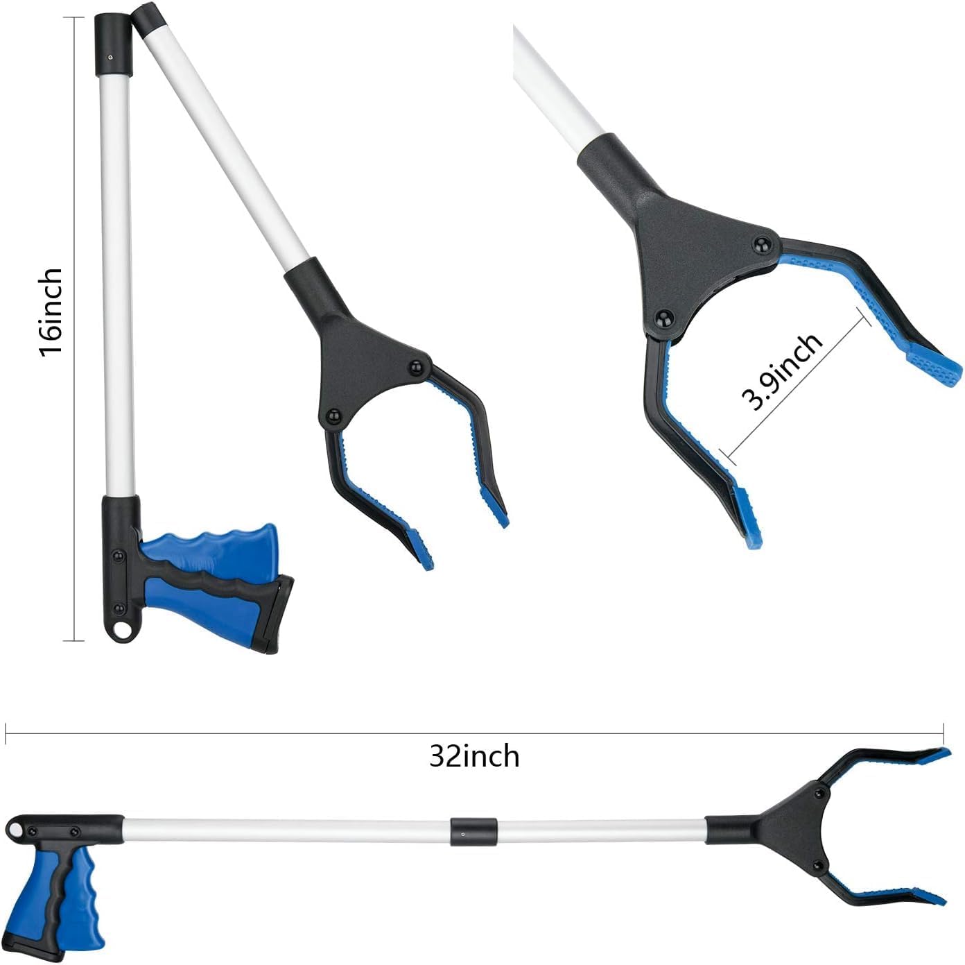 FiPlus PowerGrip T9, Grabber Tool, Wide Jaw, Foldable, Steel Cable, with 96 Grip Points for Firm Grip, 32" with Magnet,