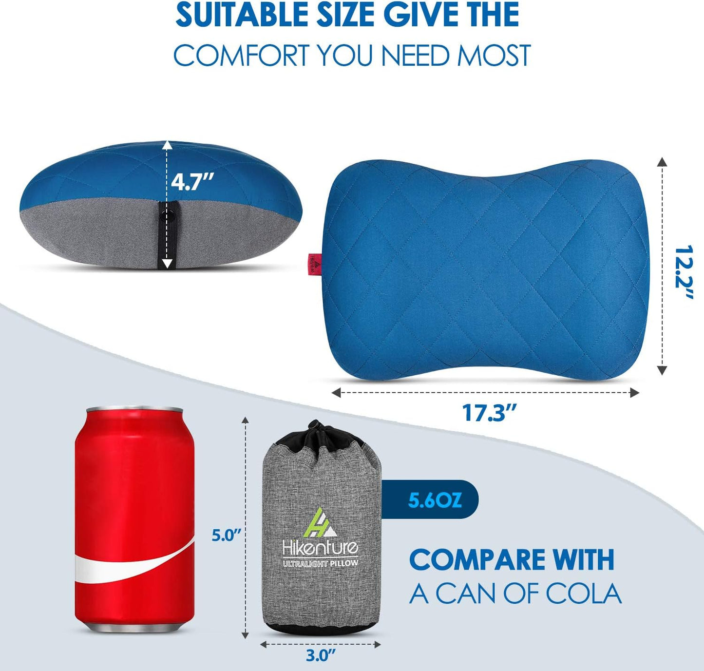 Hikenture Camping Pillow with Removable Cover - Ultralight Inflatable Pillow for Neck Lumber Support - Upgrade Backpacking Pillow - Washable Travel Air Pillows for Camping, Hiking, Backpacking (Blue)