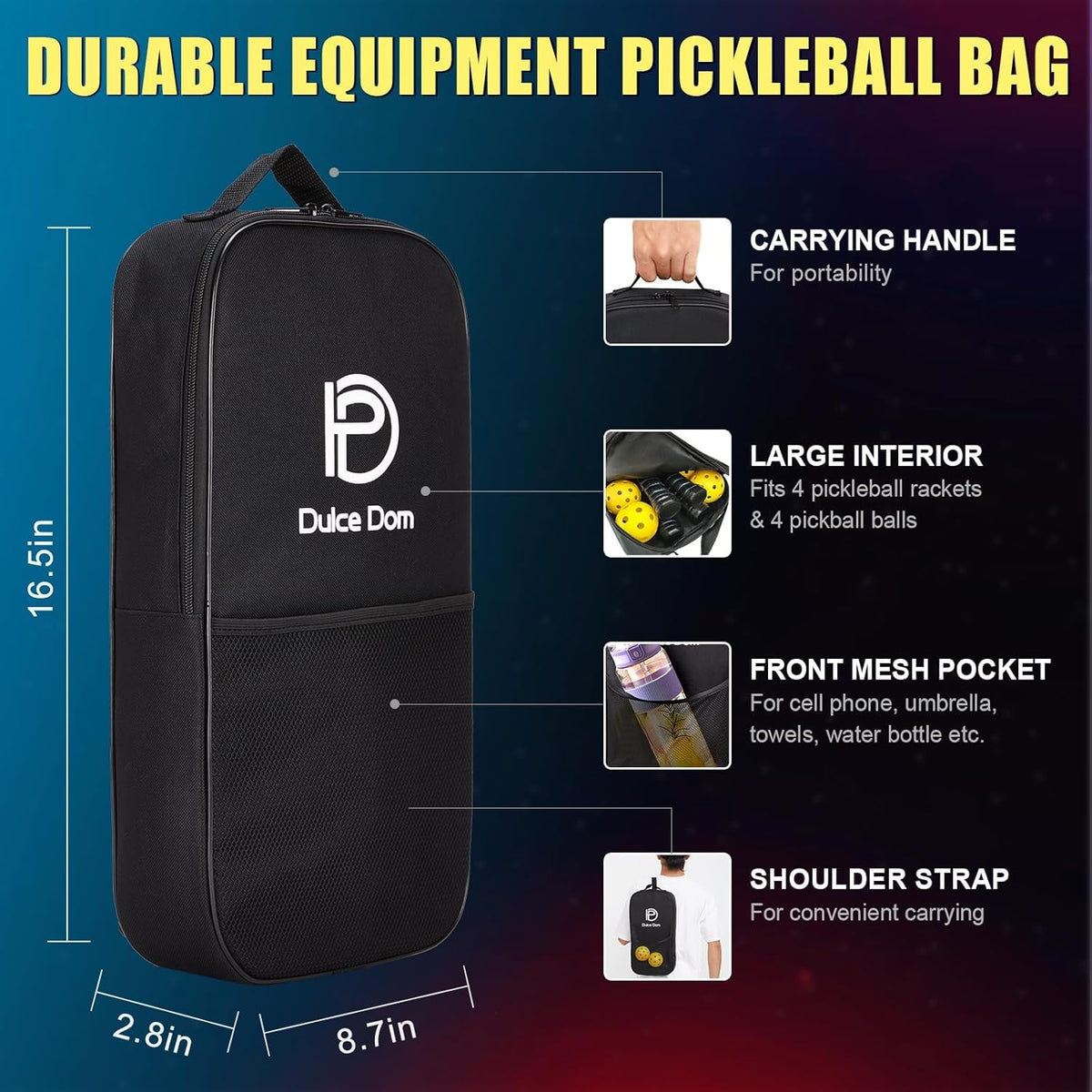 DULCE DOM Pickleball Paddles, USAPA Approved Fiberglass/Graphite Pickleball Set of 2/4 with Pickleball Paddles, 4 Pickleball Balls and Pickleball Bag, Pickleball Rackets Equipment for Beginners & Pros - PuriLite