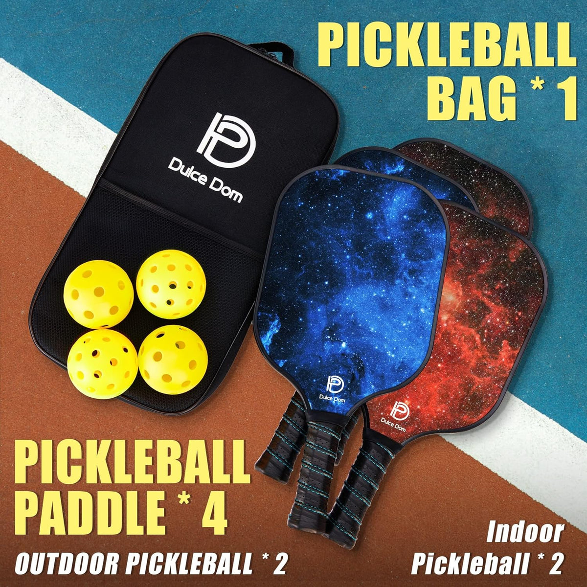 DULCE DOM Pickleball Paddles, USAPA Approved Fiberglass/Graphite Pickleball Set of 2/4 with Pickleball Paddles, 4 Pickleball Balls and Pickleball Bag, Pickleball Rackets Equipment for Beginners & Pros - PuriLite