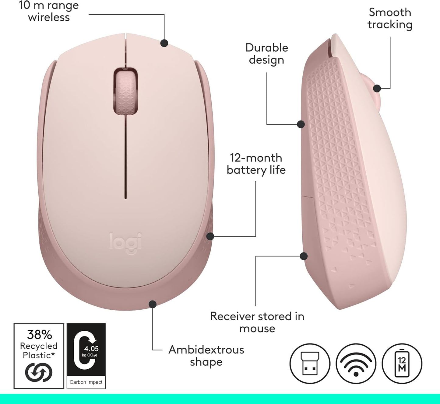 Logitech M170 Wireless Mouse for PC, Mac, Laptop, 2.4 GHz with USB Mini Receiver, Optical Tracking, 12-Months Battery Life, Ambidextrous - Rose