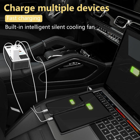 200W Car Power Inverter DC 12V to 110V AC, Cigarette Lighter Adapter Plug with 65W USB-C/USB Fast Charger 24W Laptop Car Charger with Voltage Display