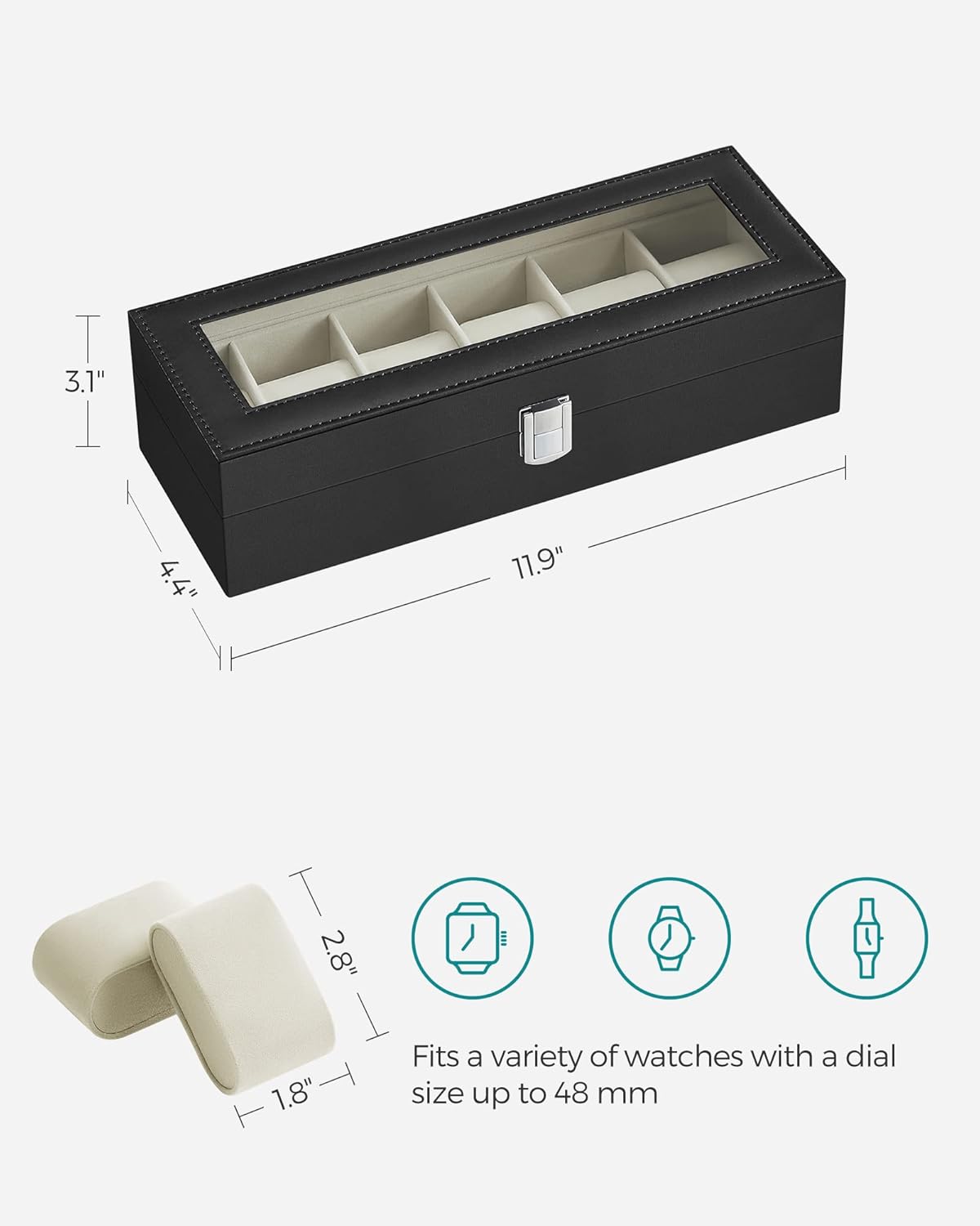 SONGMICS Watch Box, 6-Slot Watch Case, Watch Box Organizer, Black Synthetic Leather, Greenish Gray Lining UJWB06BK
