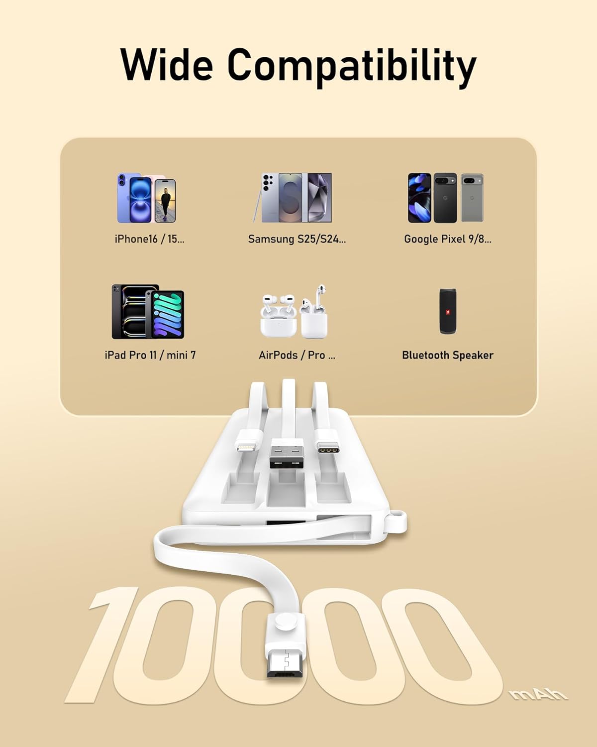 VEEKTOMX Power Bank with Built-in Cables 10000mAh Portable Charger for iPhone Slim Fast Charge USB C Battery Pack Travel Essentials Powerbank Compatible with iPhone, Samsung, Android, etc