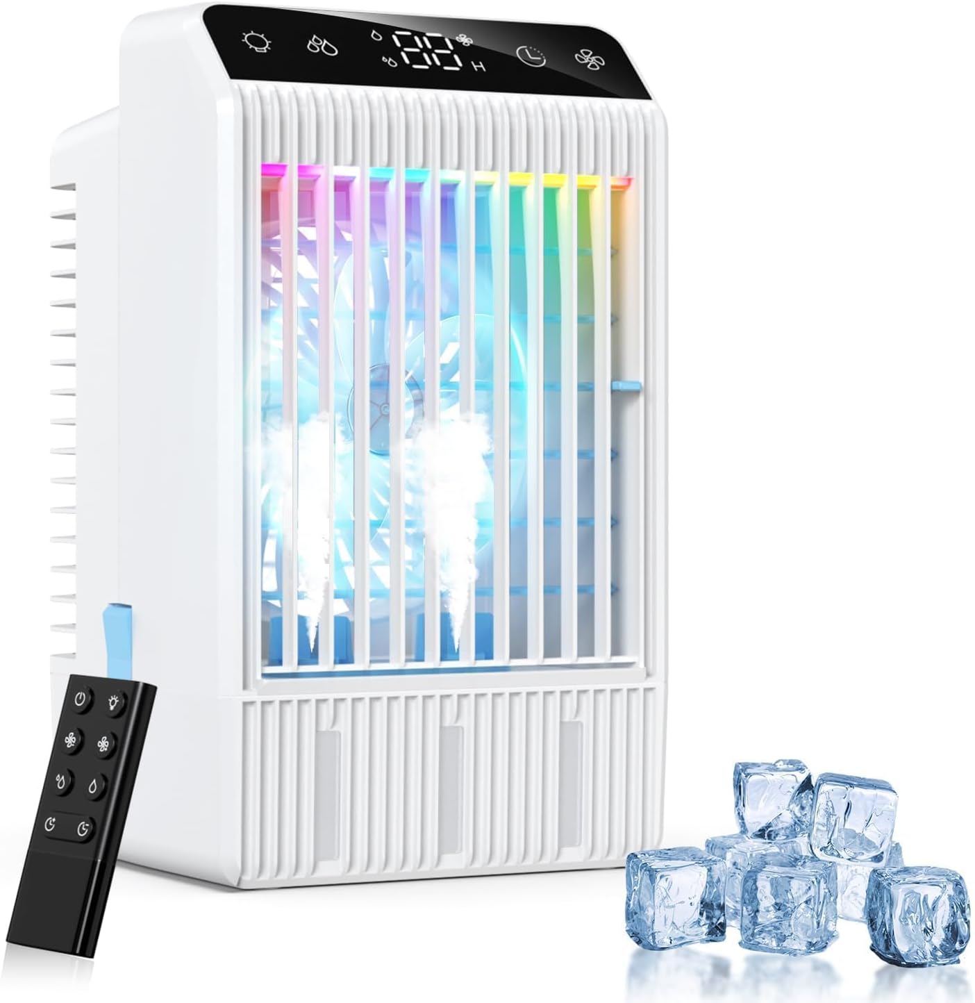 Portable Air Conditioners with Display, 1000ml Mini Air Conditioner 4-in-1 Air Cooler Remote Humidifier Mini AC with Dual Spray & 7 Colors Light, 4 Speeds Timing Personal Air Conditioner Cooling Fan