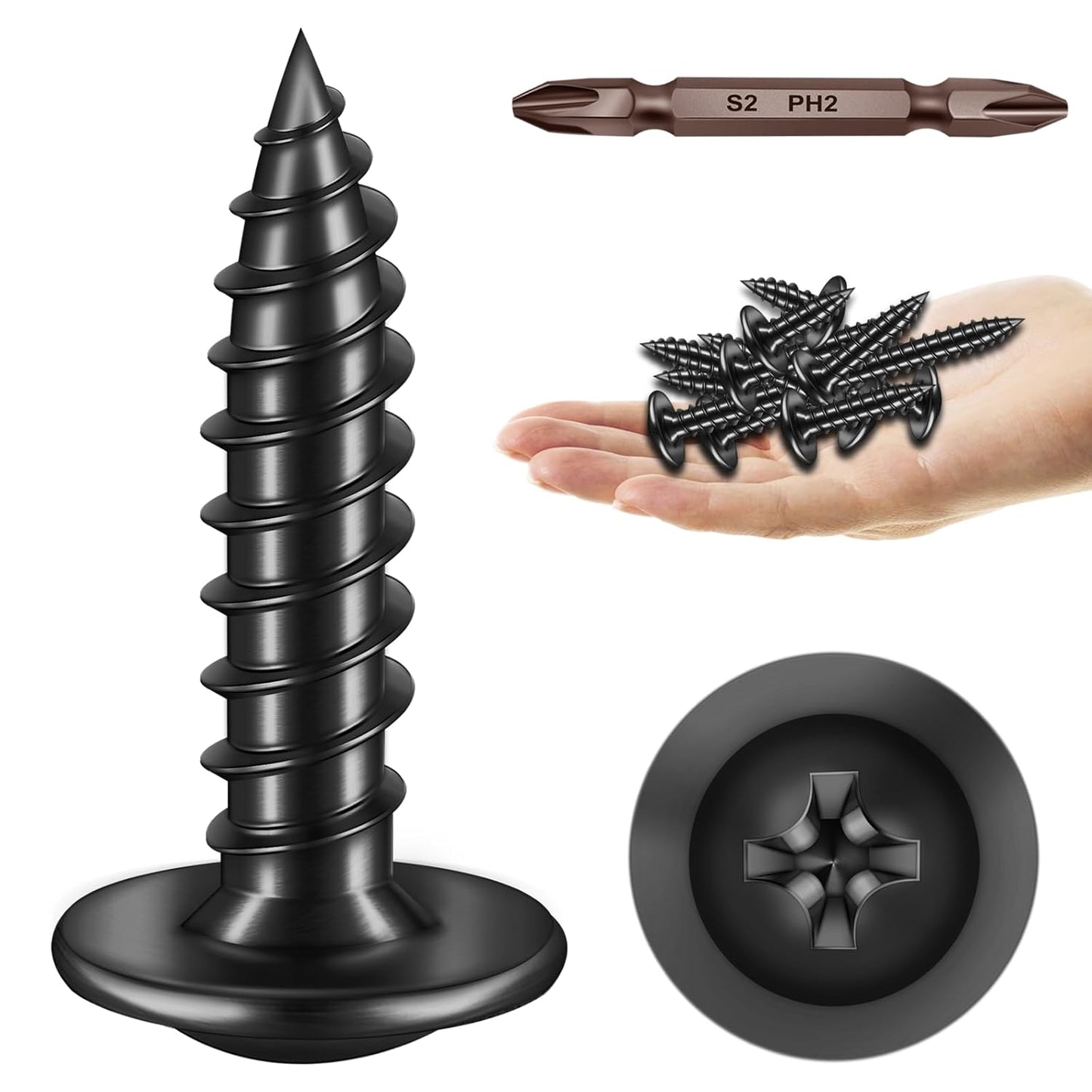 150Pcs #8 × 2" Black Screws for Wood, Phillips Truss Head Wood Screws, Quick Metal Self Tapping, Zinc Plated Steel, Truss Head Screws by Mywish