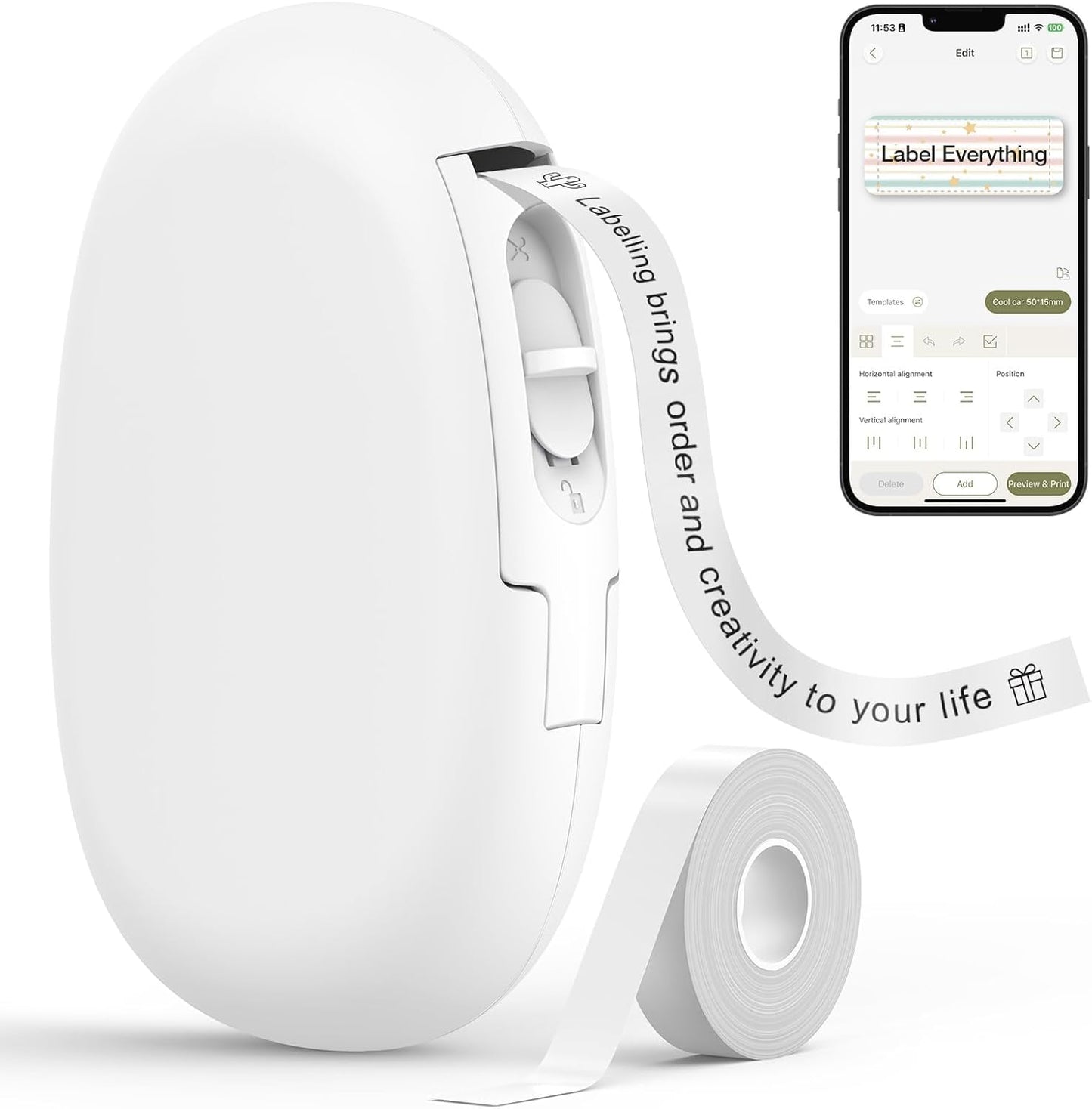 SUPVAN E10 Mini Bluetooth Label Maker Machine with Tape, Continuous Waterproof Label, Versatile App with 40+ Fonts and 600+ Icons, Inkless Labeler for Home, Kitchen, School, Office Organization, Green