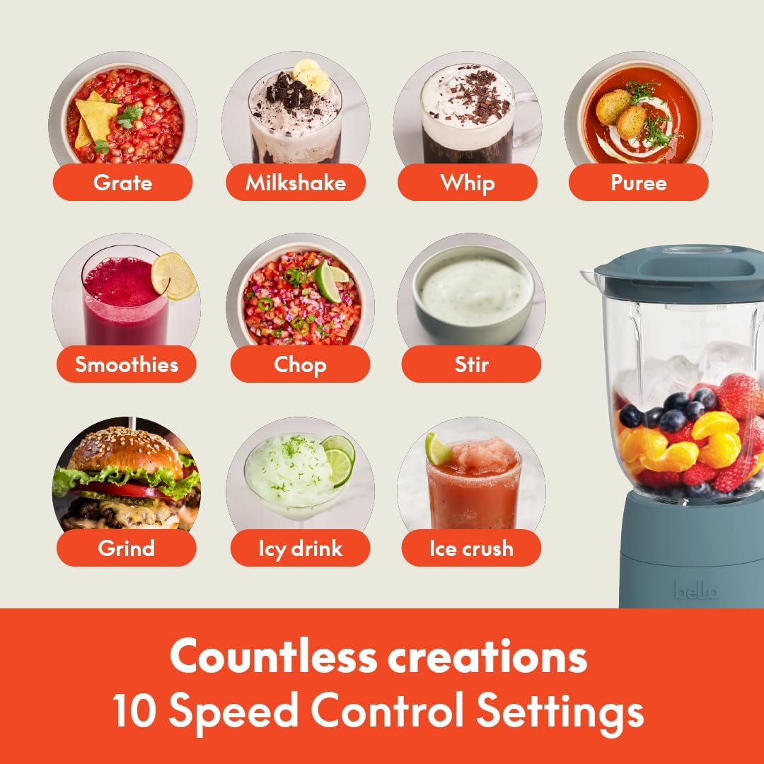 Bella 10-Speed Countertop Blender, Juicer and Smoothies, Fits Anywhere™, Slim Design with Lid and Lid for Dishwasher Stainless Steel Carafe, 450W, Surf