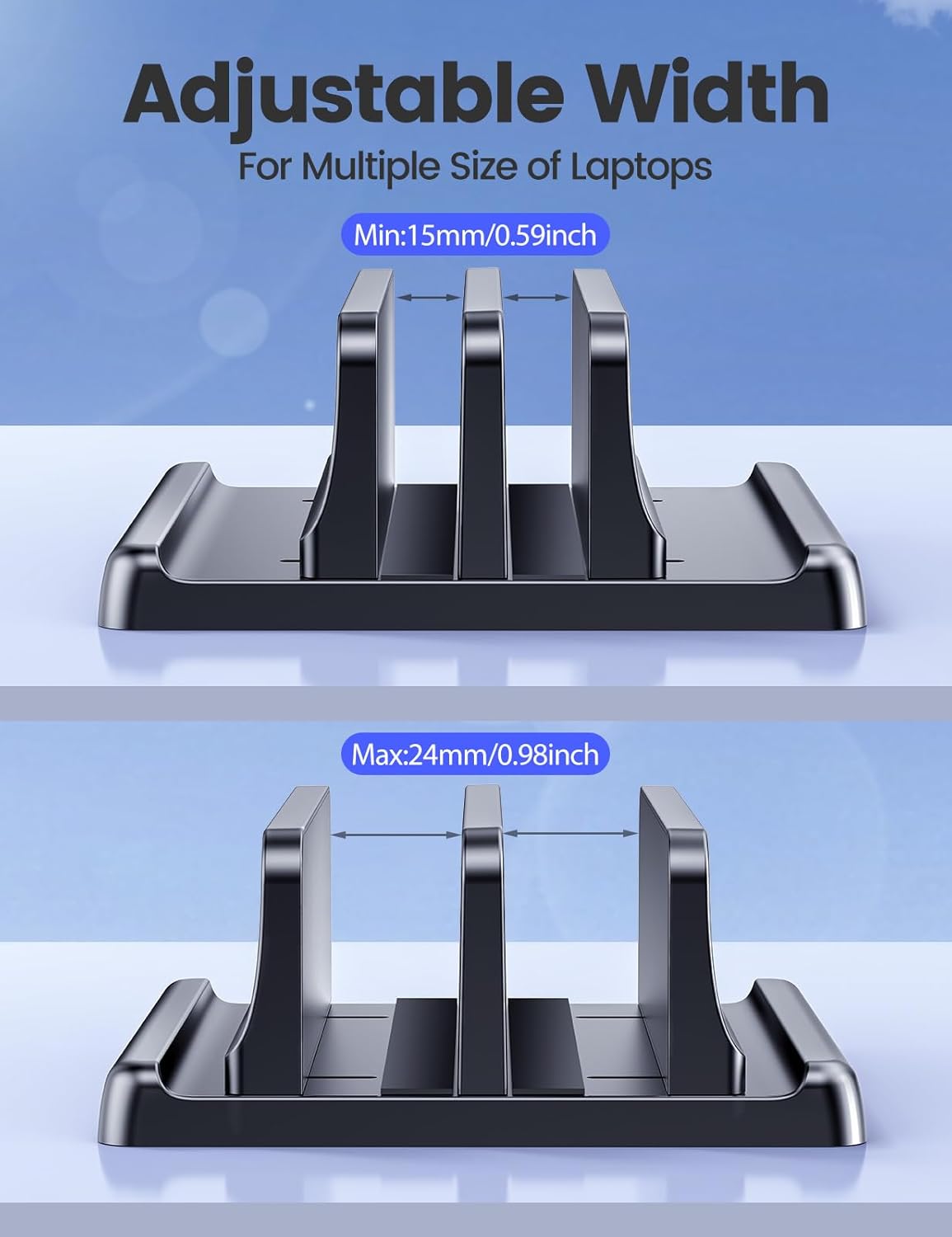 VAYDEER Vertical Laptop Stand for Desk – Dual Slot Adjustable Laptop Holder, Space-Saving 4-in-1 Desk Organizer for MacBook, Chromebook, Surface, Dell (Black) - PuriLite