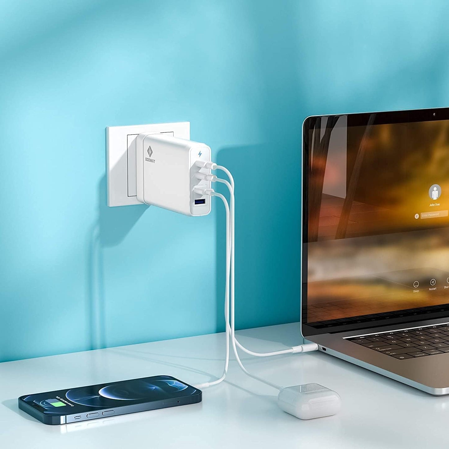 4-Port USB Charger, EGOWAY 90W Wall Charger, 60W & 18W Dual USB C Wall Charger and Dual USB A Ports 12W, Multi USB C Charger for MacBook, Phone and More