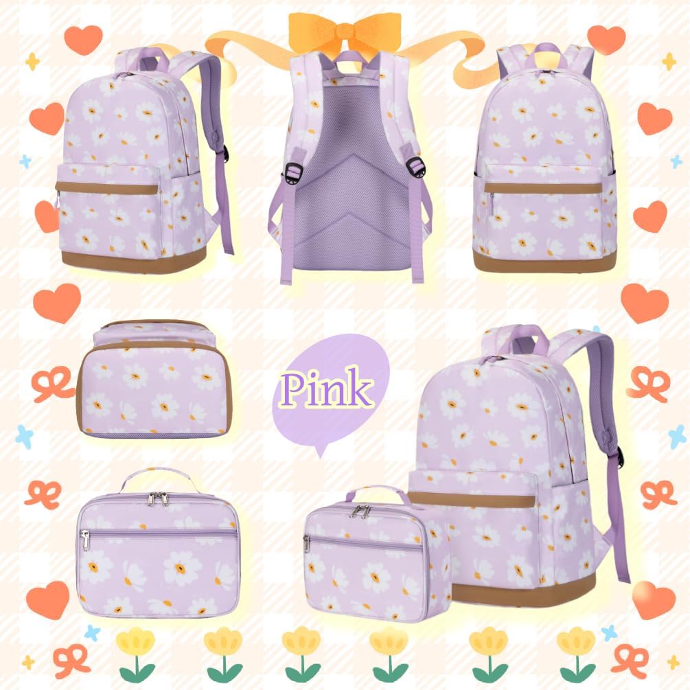 3Pcs Daisy Prints Backpack for Girls Bookbag set Primary School Daypack Elementary Students Knapsack with Lunch Box