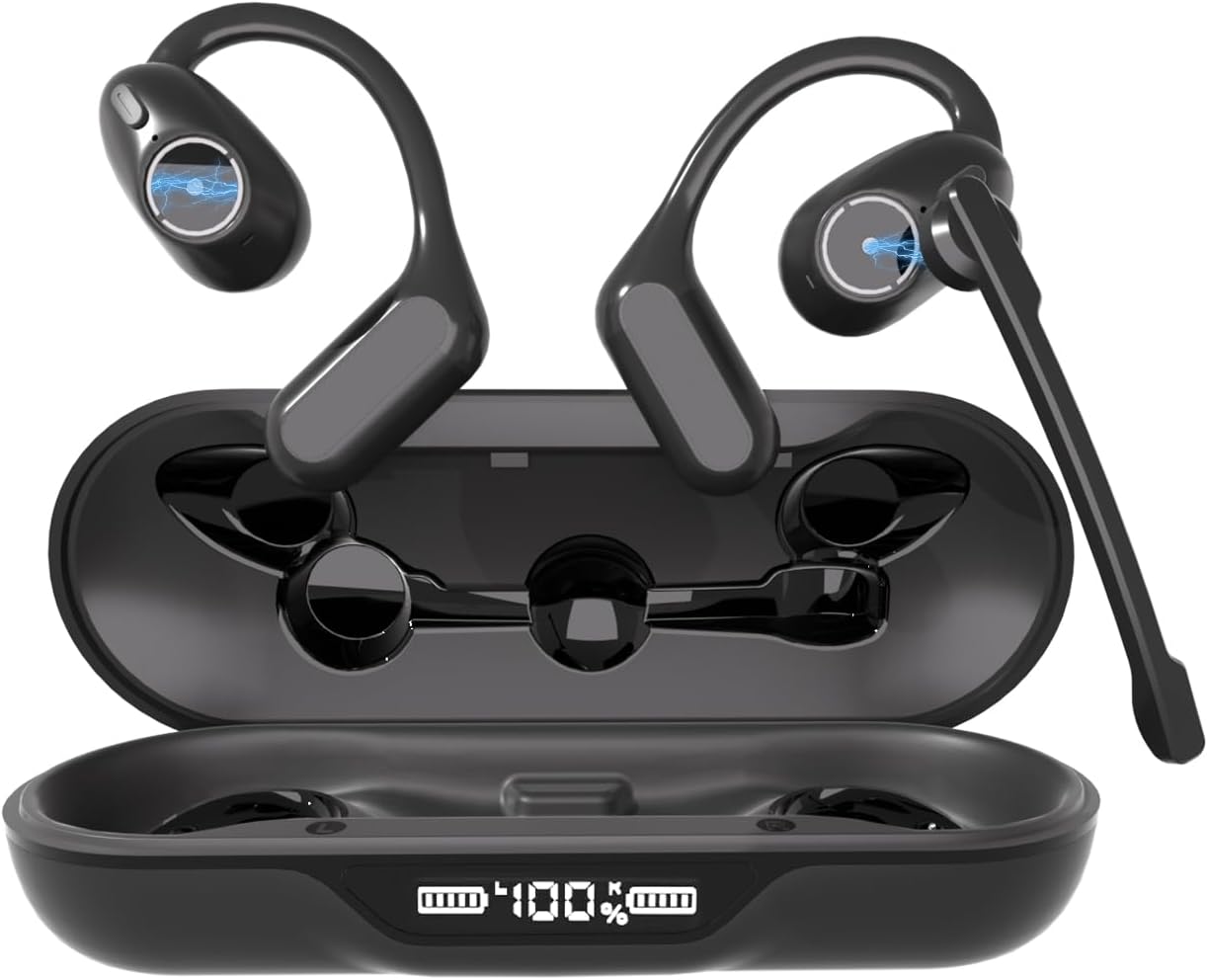 iDIGMALL Bluetooth 5.4 Headset w/Detachable Microphone, Open Ear Headphones w/DSP Noise Canceling Mic & Mute for Call, Multipoint Wireless Earbuds w/Charging Case for Office Home Work Driving Travel