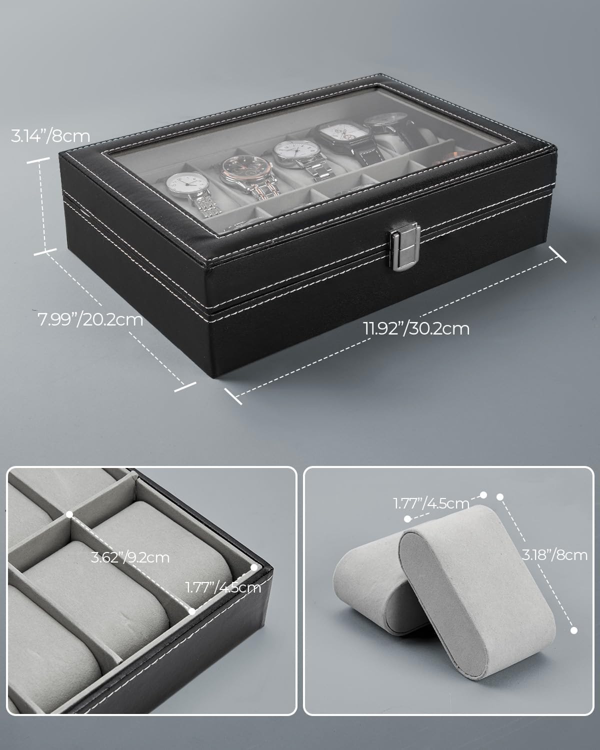 Ohuhu Watch Box Organizer for Men -12 Slot Leather Watch Case with Real Glass Lid Watch Display Case, Watch Organizer Jewelry Storage Box