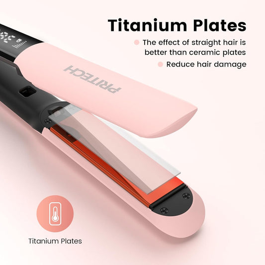 PRITECH Flat Iron Hair Straightener and Curler 2 in 1, Titanium Flat Iron with Negative Ions, Adjustable Temp(248℉-450℉) and Automatic Shut Off (Pink) - PuriLite