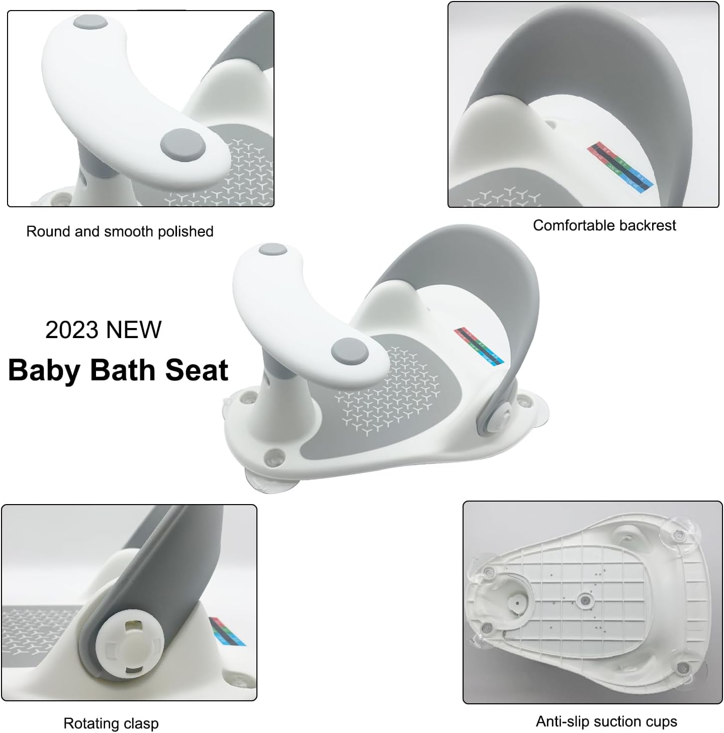 Baby Bath Seat, Portable Babies Bathtub Seat Bath Shower Chair with 4 Secure Suction Cups Water Thermometer Non–Slip Soft Mat, Bath Chair for Baby 6-36 Months, (Grey)