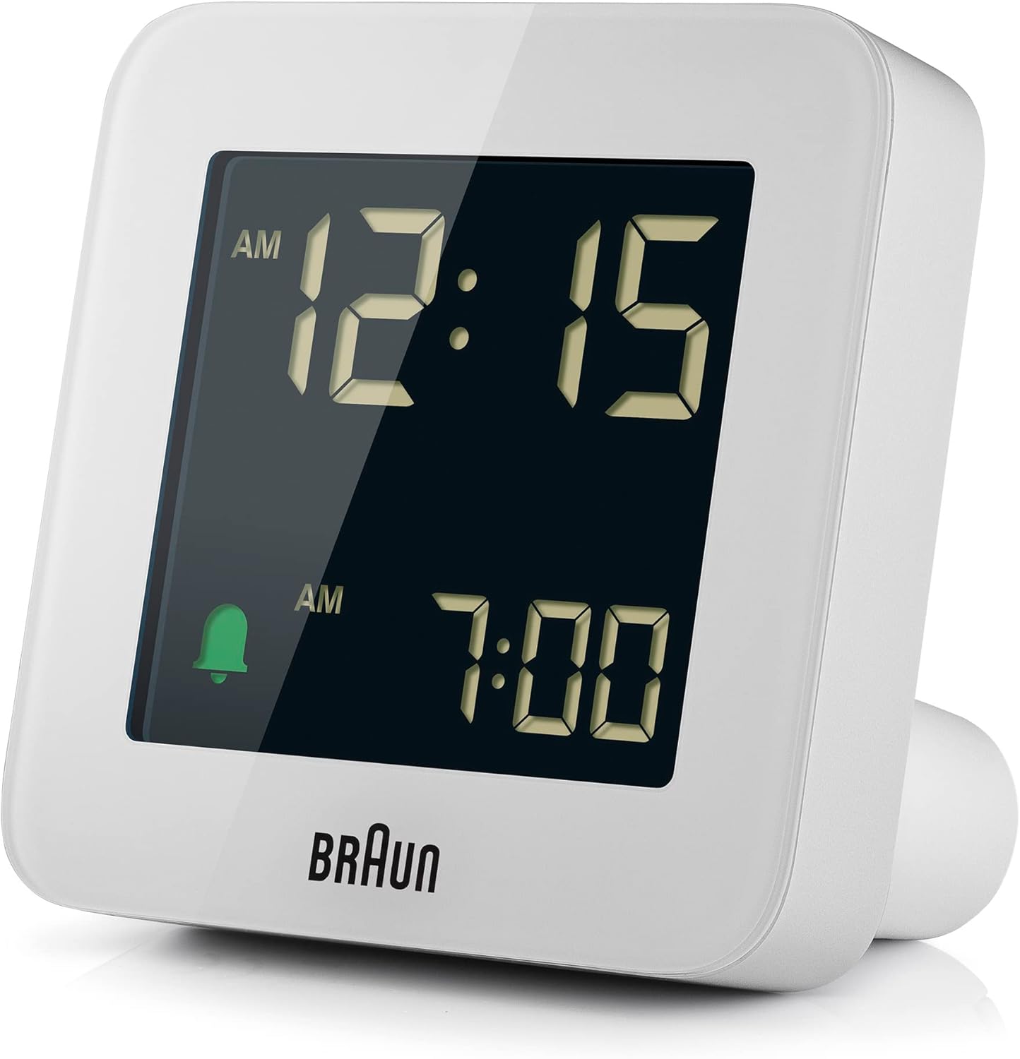 Braun Digital Alarm Clock with Snooze, Negative LCD Display, Quick Set, Crescendo Beep Alarm in White, Model BC09W.