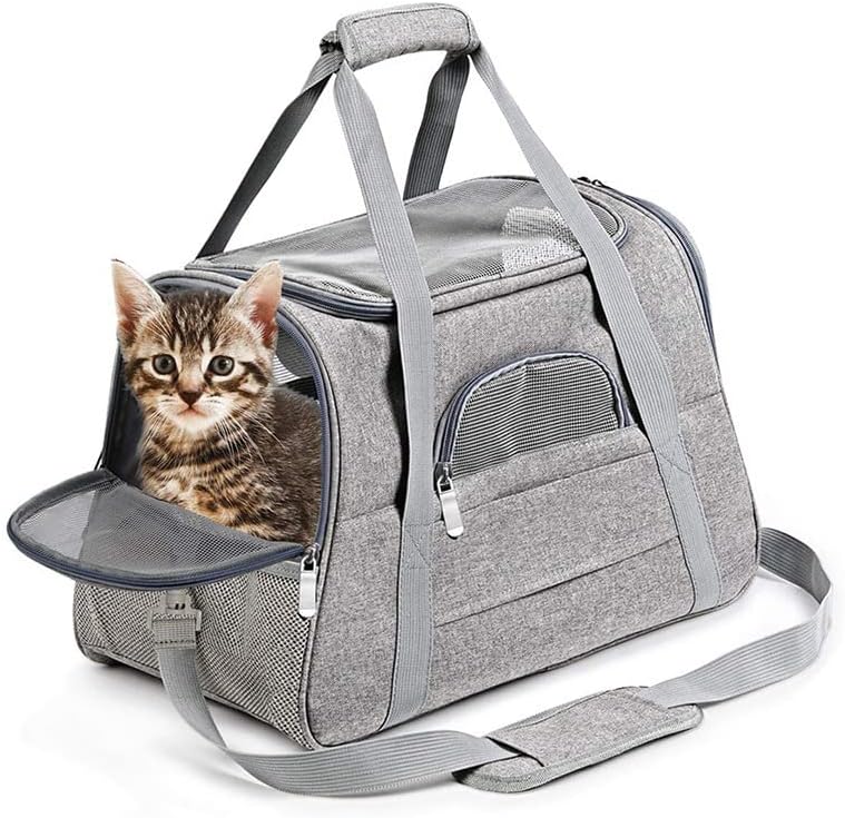 Pet Carrier Airline Approved Portable Soft Sides for Cat Small Dog Carrier Collapsible with Removable Pad Travel Carrier Mesh Ventilation Holes Shoulder-Strap (Gray)