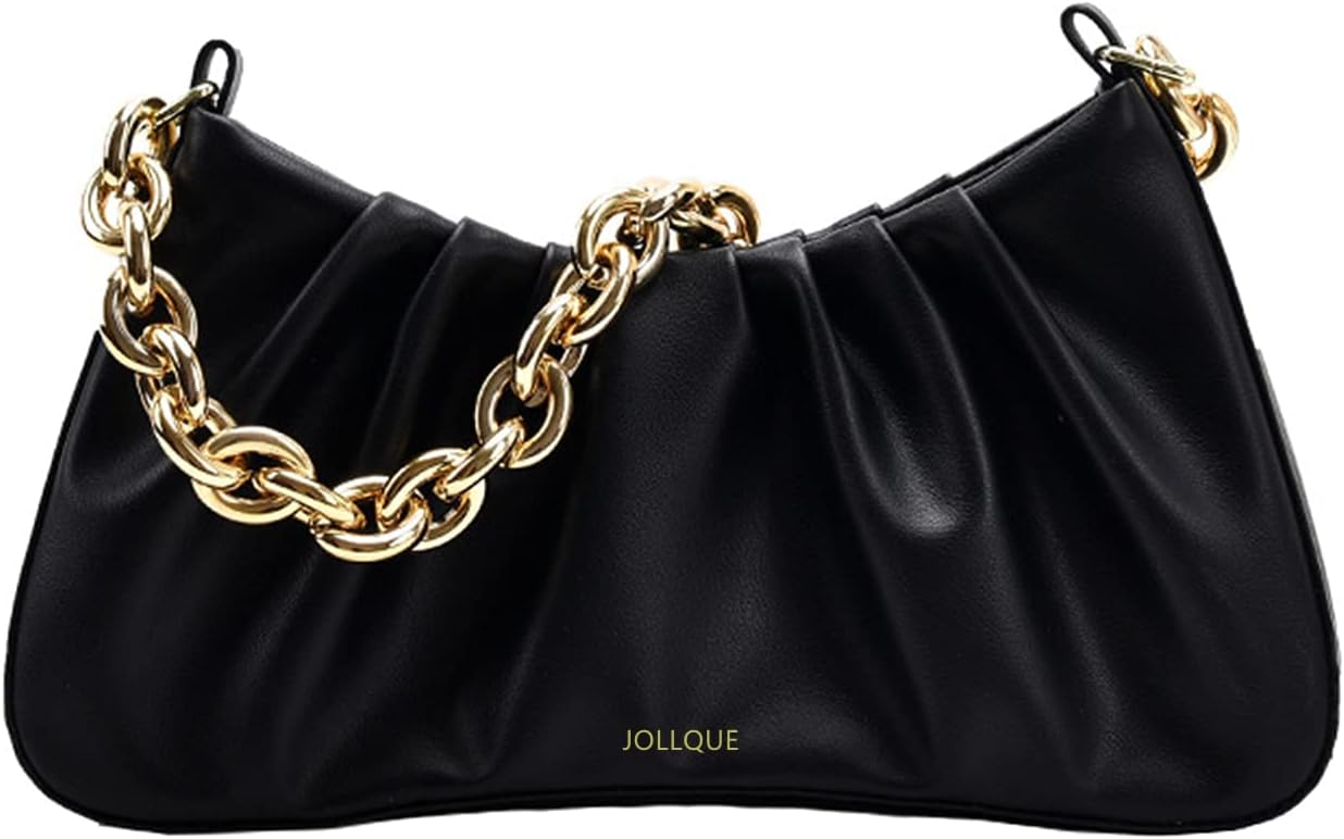 JOLLQUE Shoulder Bag for Women,Small Leather Handbag Purse,Gold Chain Evening Clutch