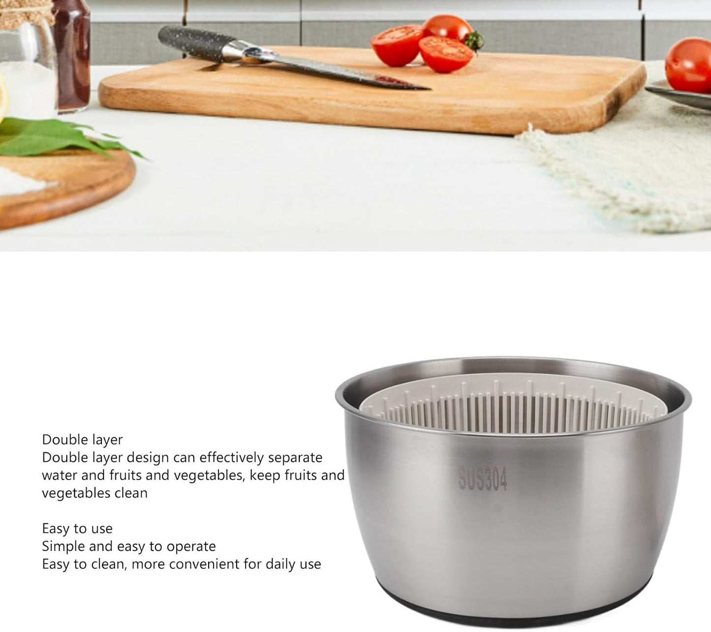 Vomeko Stainless Steel Salad Spinner, Large Salad Spinner Vegetable Washer,Multifunctional Large Capacity Lettuce Spinner, Fruit Washer Drain Basket