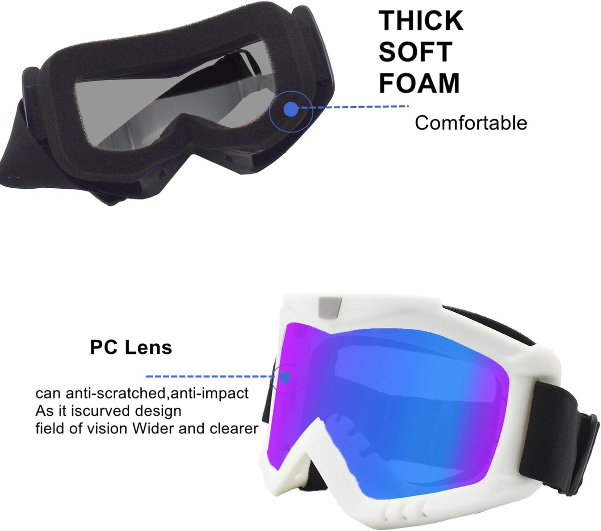 LJDJ Dirt Bike Goggles, 2 Pack ATV Motorcycle Goggles Wide Vision Anti-UV Adjustable Motocross Glasses Riding Racing Off-Road Cycling Goggles for Youth, Teens, Men & Women - PuriLite