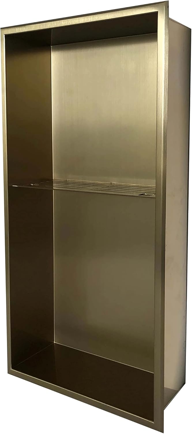 Agua Canada Shower Niche 12”x 12” Single Shelf Organizer Best Modern in Wall Bathroom Accessory for Shower or Tub Storage Insert Holds Soap Bottles Toiletries (GOLD) NICOLA12X12-GD
