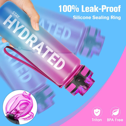 Sahara Sailor 32oz Motivational Sports Water Bottle – BPA-Free Tritan, Leakproof Wide Mouth Bottle with Time Markers and Fast Flow Technology, Includes Cleaning Brush - PuriLite