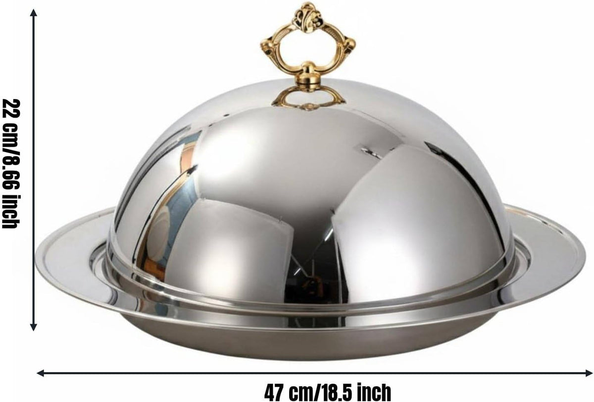 Stainless Steel Serving Platter with Lid High-End Cloche Serving Dome with Tray Decorative Handle Steak Plate Covered for Hotel, Restaurant, Buffet, Silver