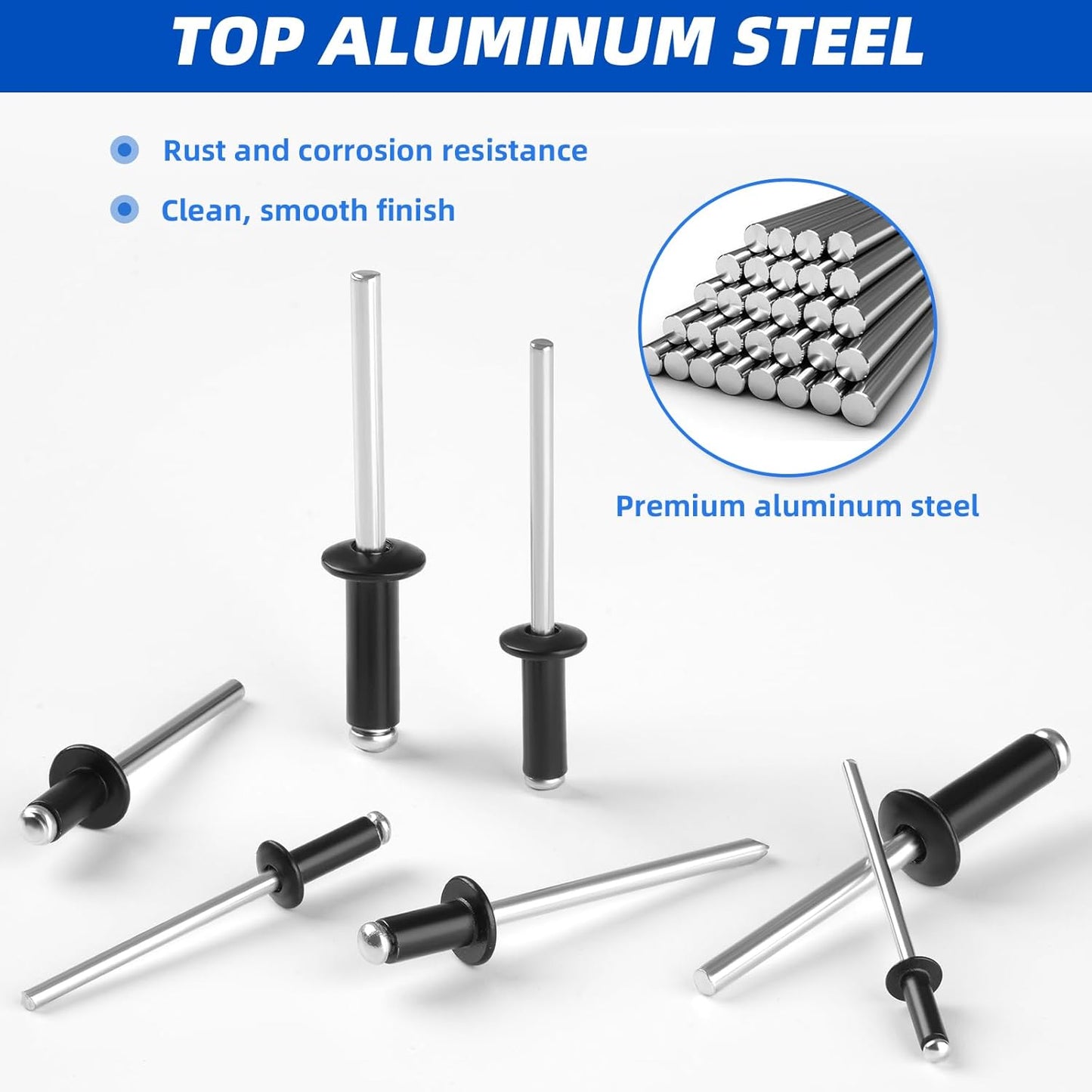 Besitu 210Pcs Pop Rivets Assortment Kit, 1/8" 3/16" 1/4" Large Flange Solid Rivets Set Aluminum Grip Stainless Steel Mandrel Blind Rivets for Metal Heavy Duty