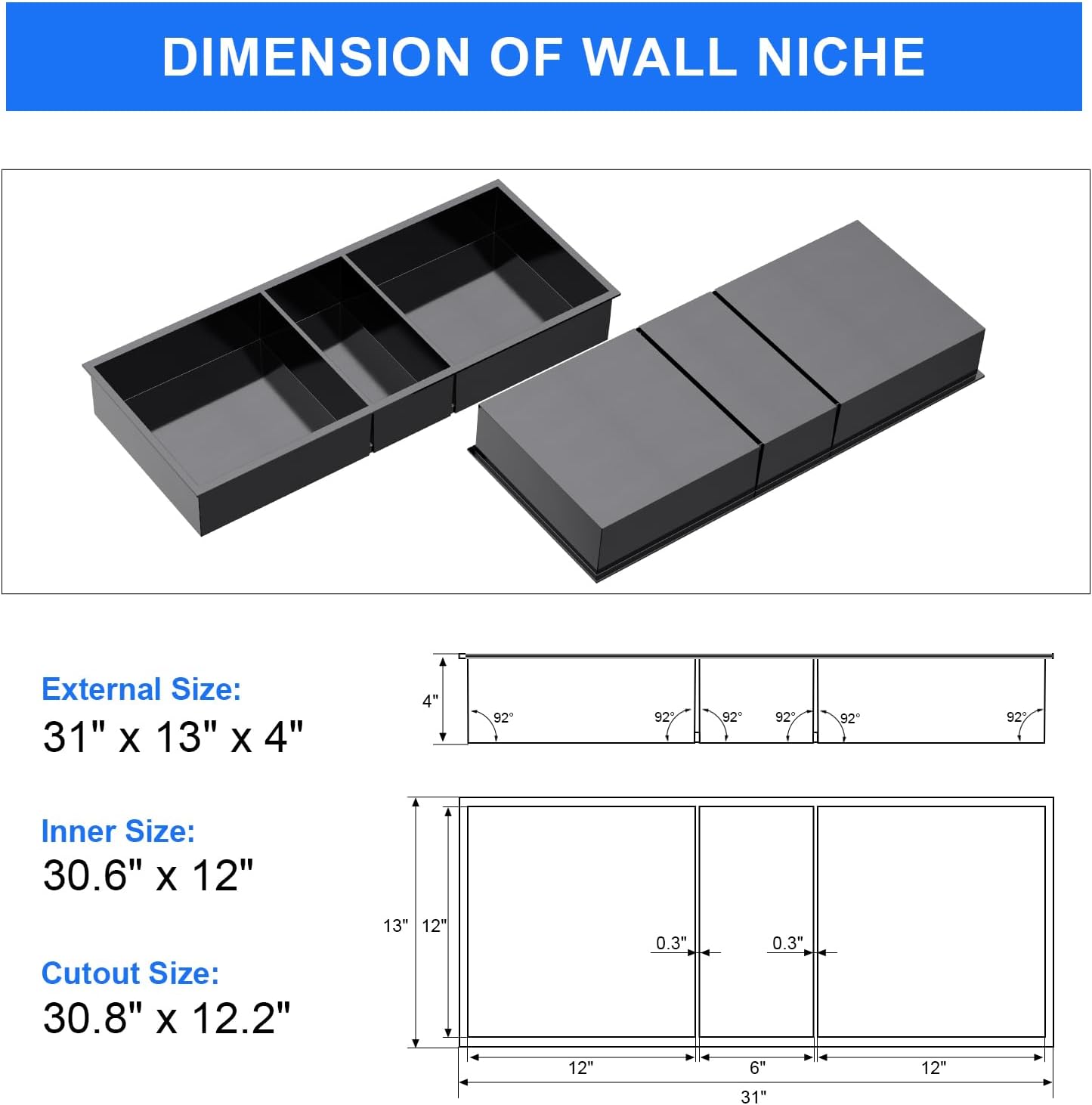 MENATT No Tile Shower Niche, Stainless Steel Wall Niche 13"X19"(Inner Size 12"X18"), Two-Tier Bathroom Shelf, NO Tile Needed Recessed Niche Shower for Bathroom Storage, Black