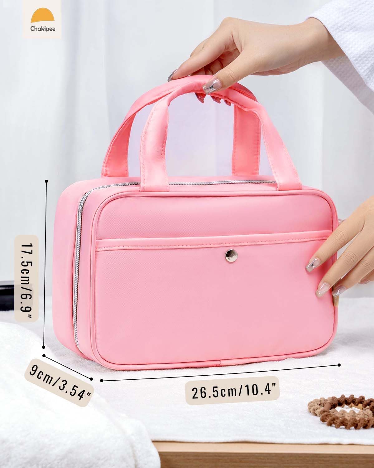 Chakipee Travel Hanging Toiletry Bag for Women - Waterproof Toiletries Bag Cosmetic Organizer Lightweight Bathroom with Clear Window for Essentials, Makeup, Shampoo Pink Medium