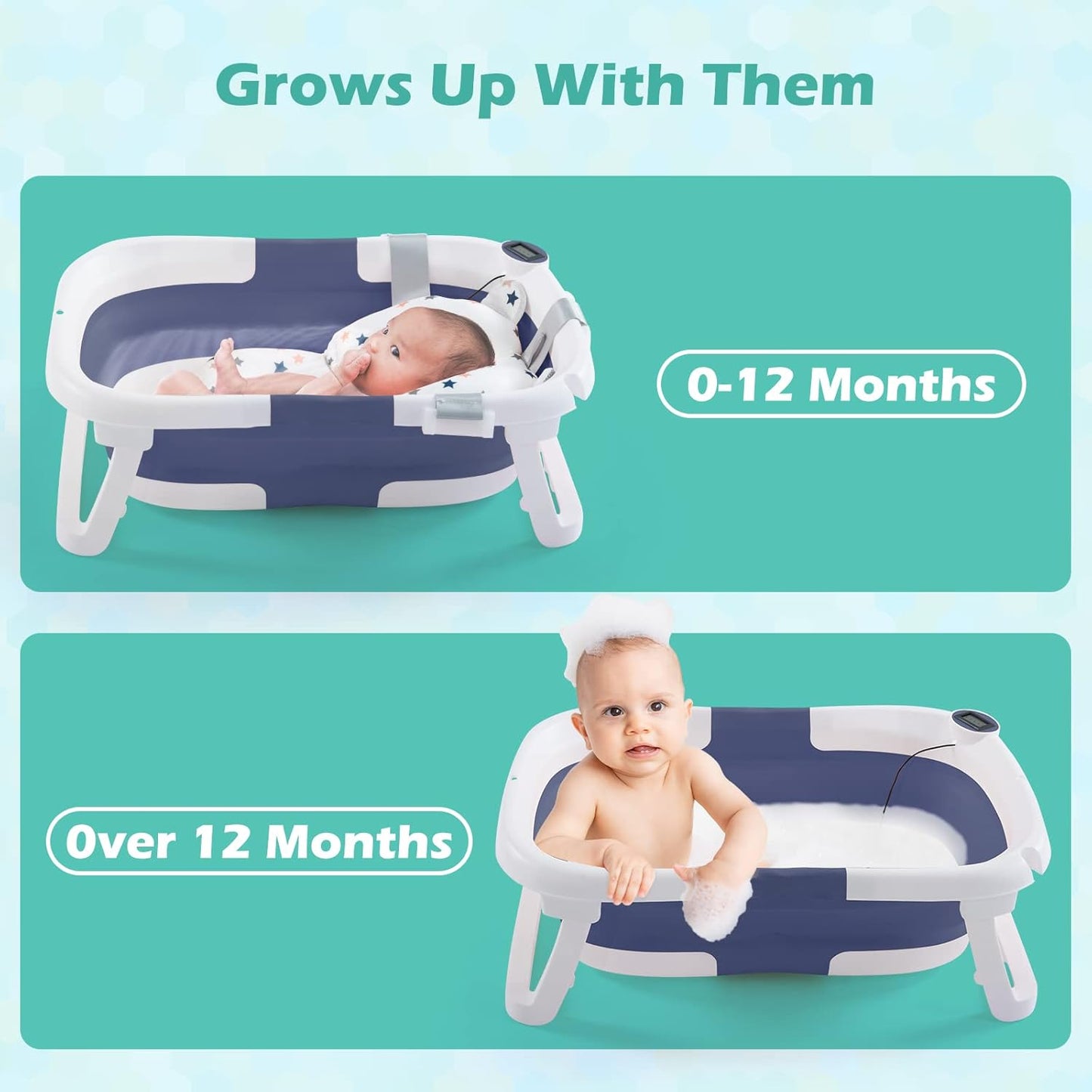 nordmiex Foldable Baby Bathtub for Infants to Toddler,Portable Travel Multifunctional with Drain Hole,Collapsible Newborn 0-36 Month (Blue White+Baby Bath Cushion+Waterproof Ear Cap)