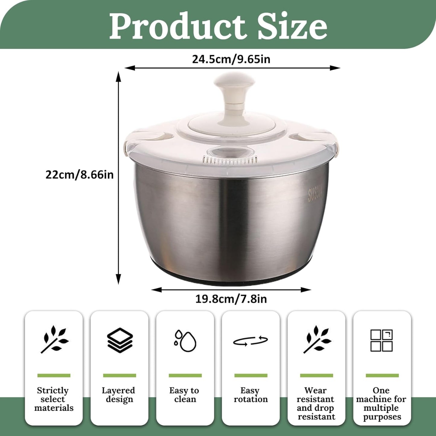 Salad Spinner 5L Dual Layer Stainless Steel & PP Lettuce Spinner with Lid & Rotating Handle Multi-Purpose Quick Dry Fruit and Vegetable Wash for Kitchen