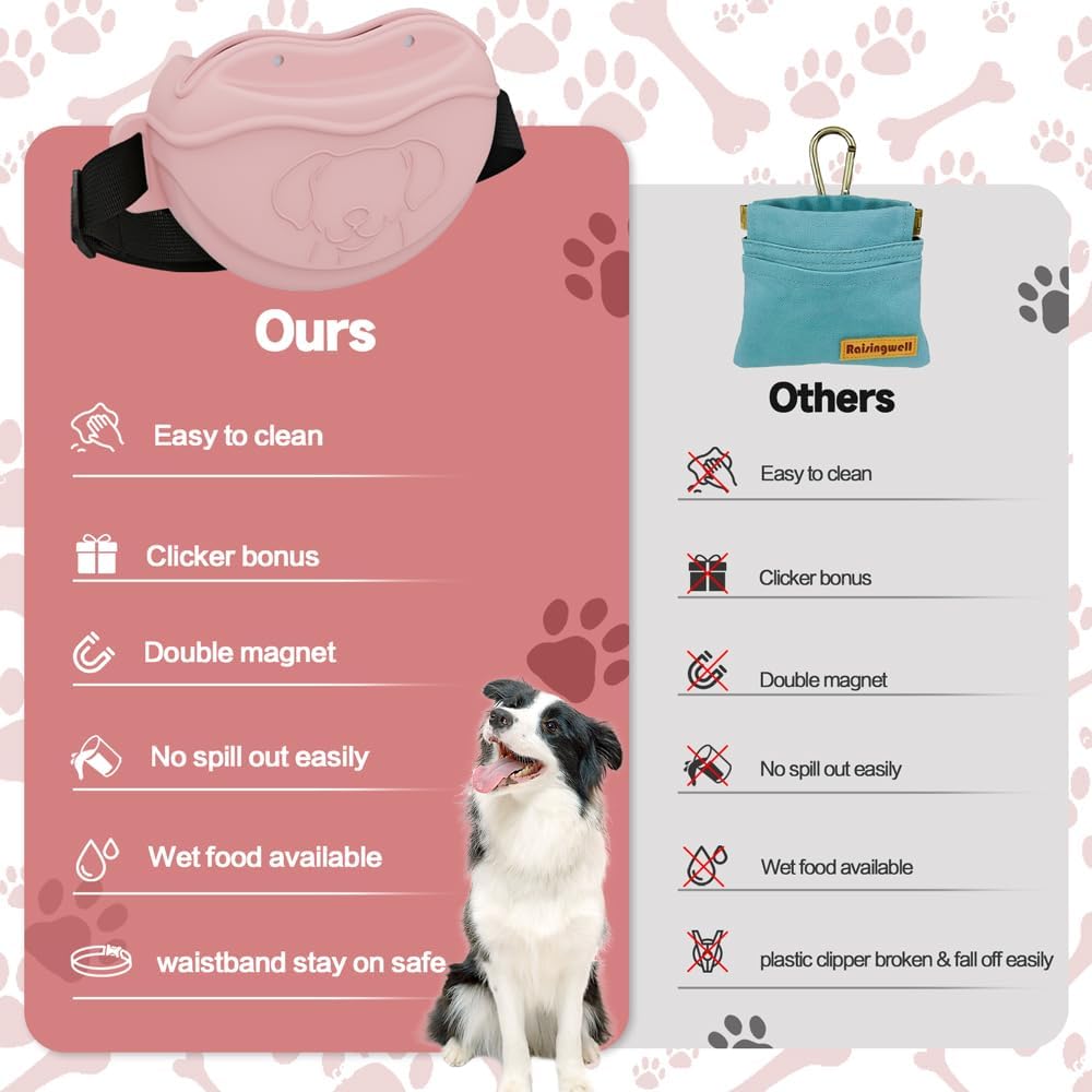 TUCANA Silicone Dog Treat Pouch for Pet Training – Upgraded 4 Strong Magnets Enhanced Magnetic Closure, Ease of Cleaning, Come with Adjustable Wasit Belt and Effective Dog Clicker (Pink)