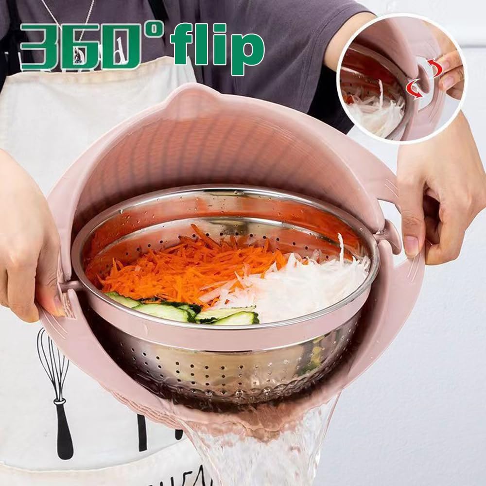 4 in 1 Colander with Bowl Set, Double Layer Fruit Cleaner, Salad Spinner, Rotatable Strainers, for Draining Cooked Pasta, Noodles,Vegetables, Fruits and Rice (Beige)