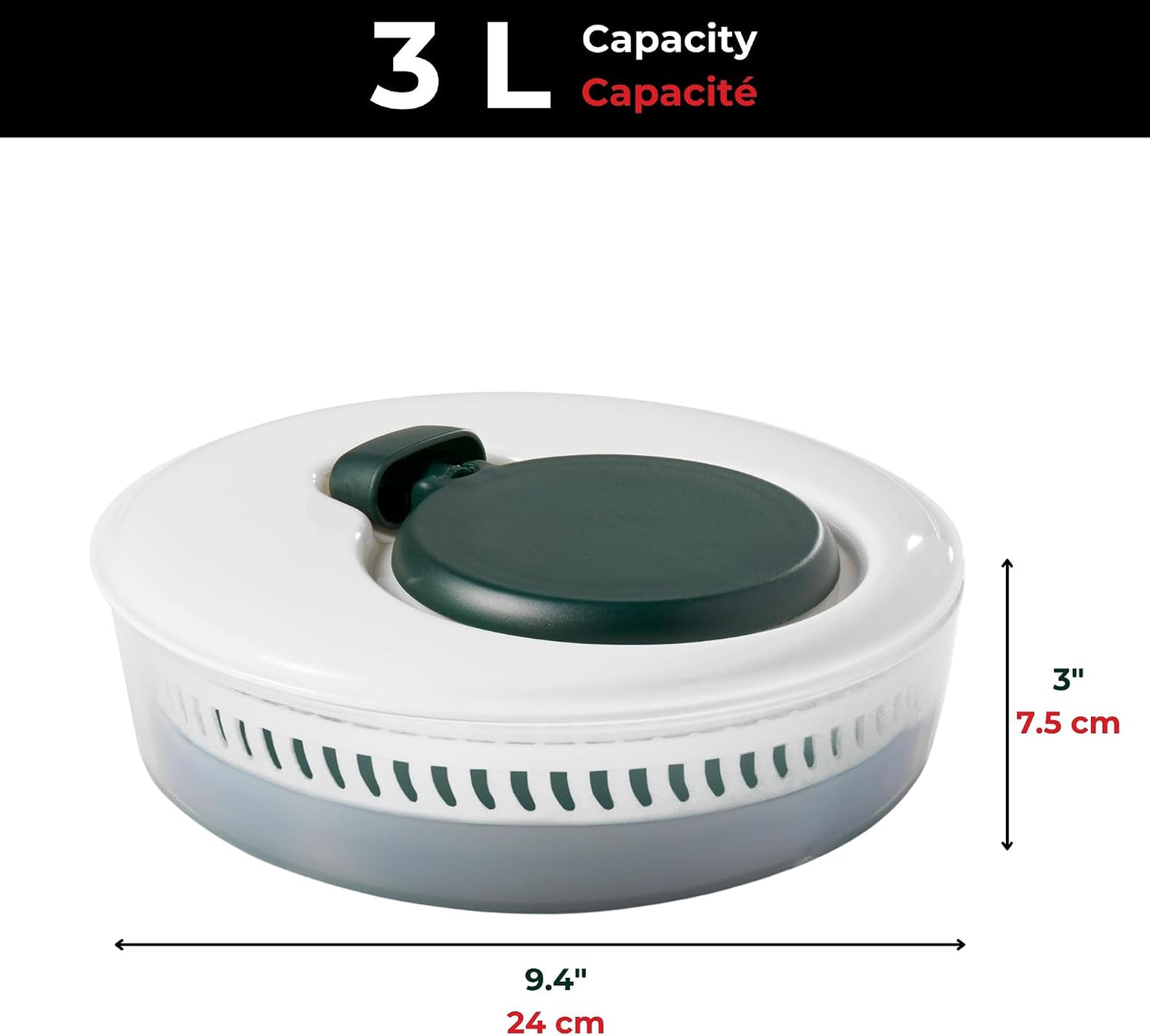 Starfrit Collapsible Salad Spinner, 3L, Colander & Serving Bowl | Collapsible storage. 3L capacity. Colander basket. Serving bowl. BPA-free. Ideal for salads and vegetables.