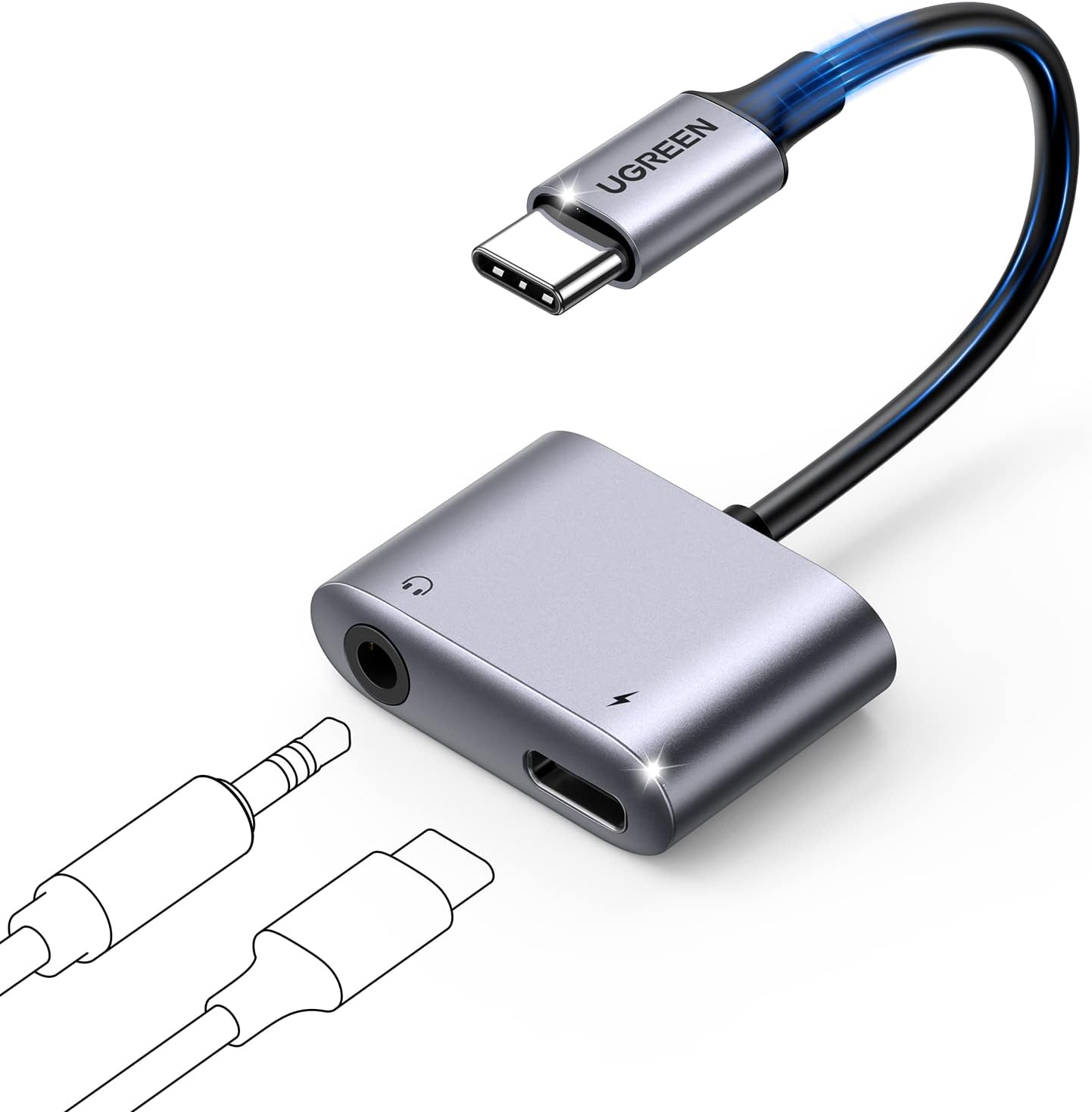 UGREEN USB C to 3.5mm Headphone Adapter Jack and Charger, 2 in 1 USB C to Aux Jack with PD 3.0 60W Fast Charging Compatible with Galaxy S24/S23 Ultra S22 Note 20, Pixel 5 4 3 2 XL, iPad Pro 2021