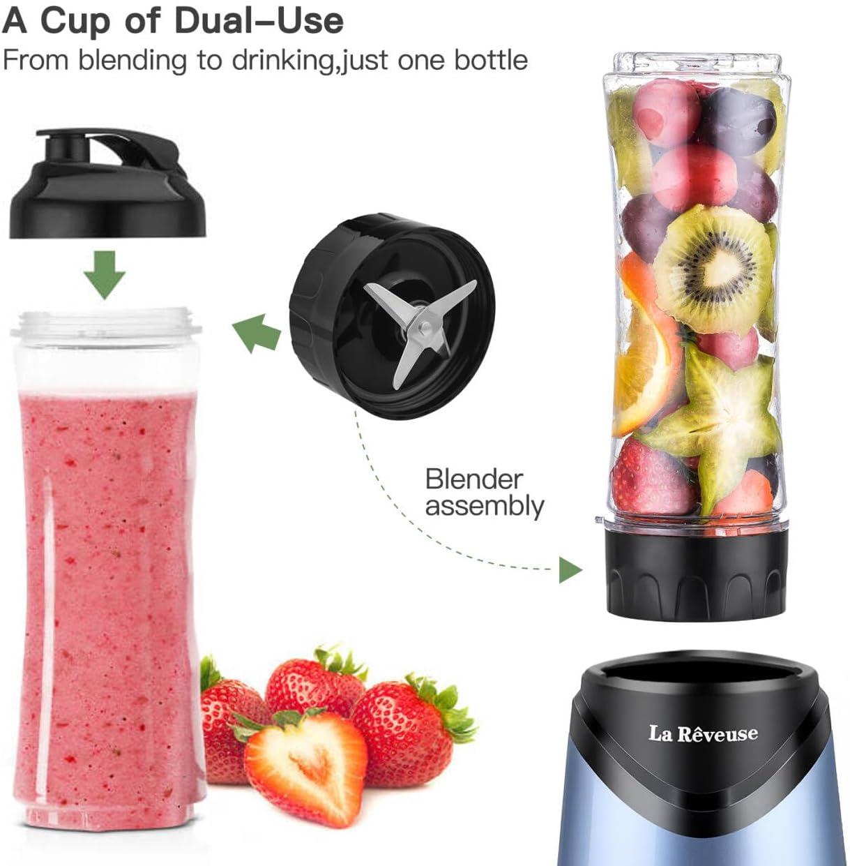 La Reveuse Smoothies Blender Personal Size 300 Watts with 2 Pieces 18 oz BPA Free Portable Travel Sports Bottles (Silver 2 Cups)