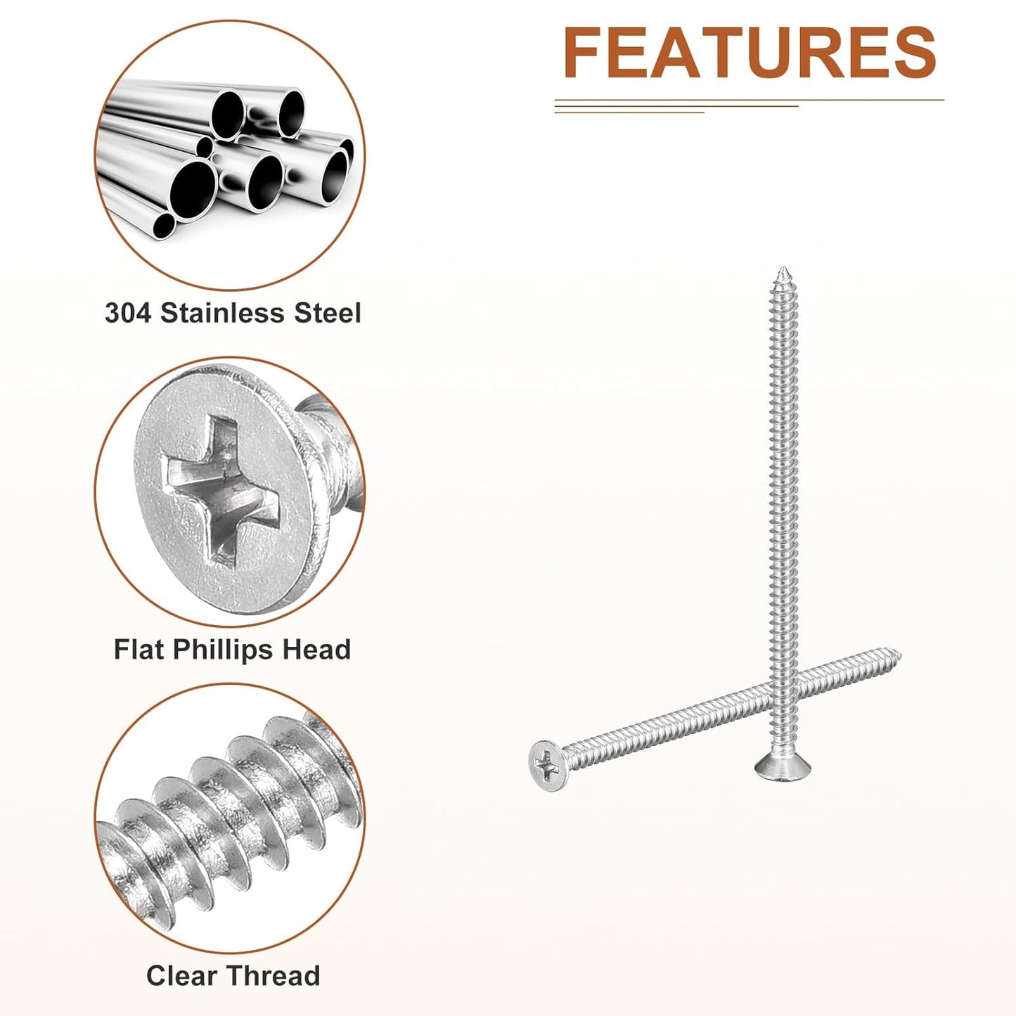 DTGN 100Pcs #8x1 Flat Head Wood Screws, 304 Stainless Steel Phillips Self Tapping Screws - Good for Woodworking, Furniture - Silver