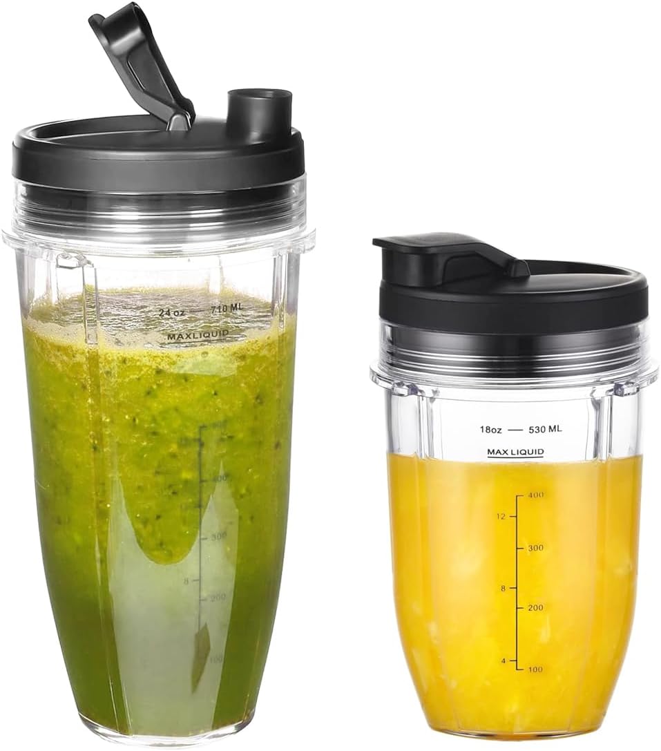 2-Pack Cup Replacement Parts with Lid for Ninja Blender Auto-iQ BL450C BL451C BL481C BN751C BN750C BN801 BN801C BN400C Nutri Ninja Food Processor SS101C SS150C SS151C SS351C,18oz & 24oz Smoothie Cups