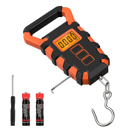 KeeKit Digital Fishing Scale with Ruler, 110lb/50kg Electronic Digital Luggage Scale, Waterproof Fishing Postal Hanging Hook Scale with Measuring Tape, Backlit LCD Display - PuriLite