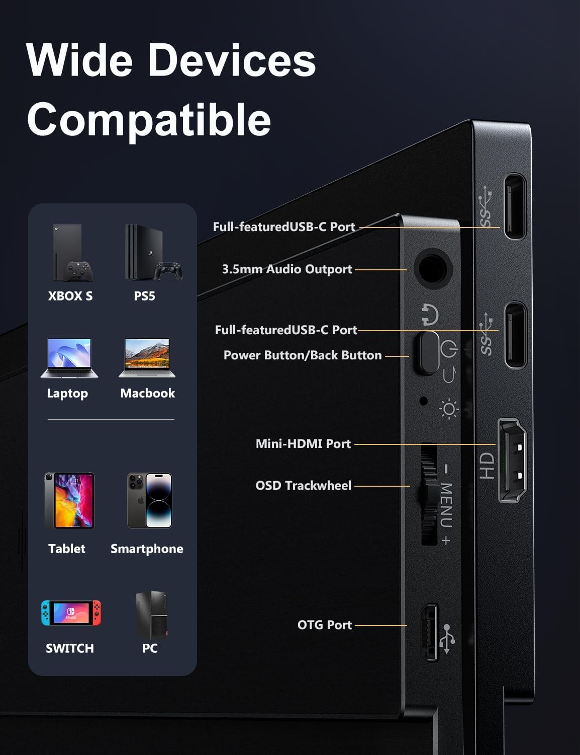 MagicRaven Portable Monitor, 15.6" 1080P Laptop Screen, Lightweight Dual USB C HDMI Second Computer Gaming Display with Speakers, Travel Monitor for MacBook PS4/5 Xbox Switch PC Phone