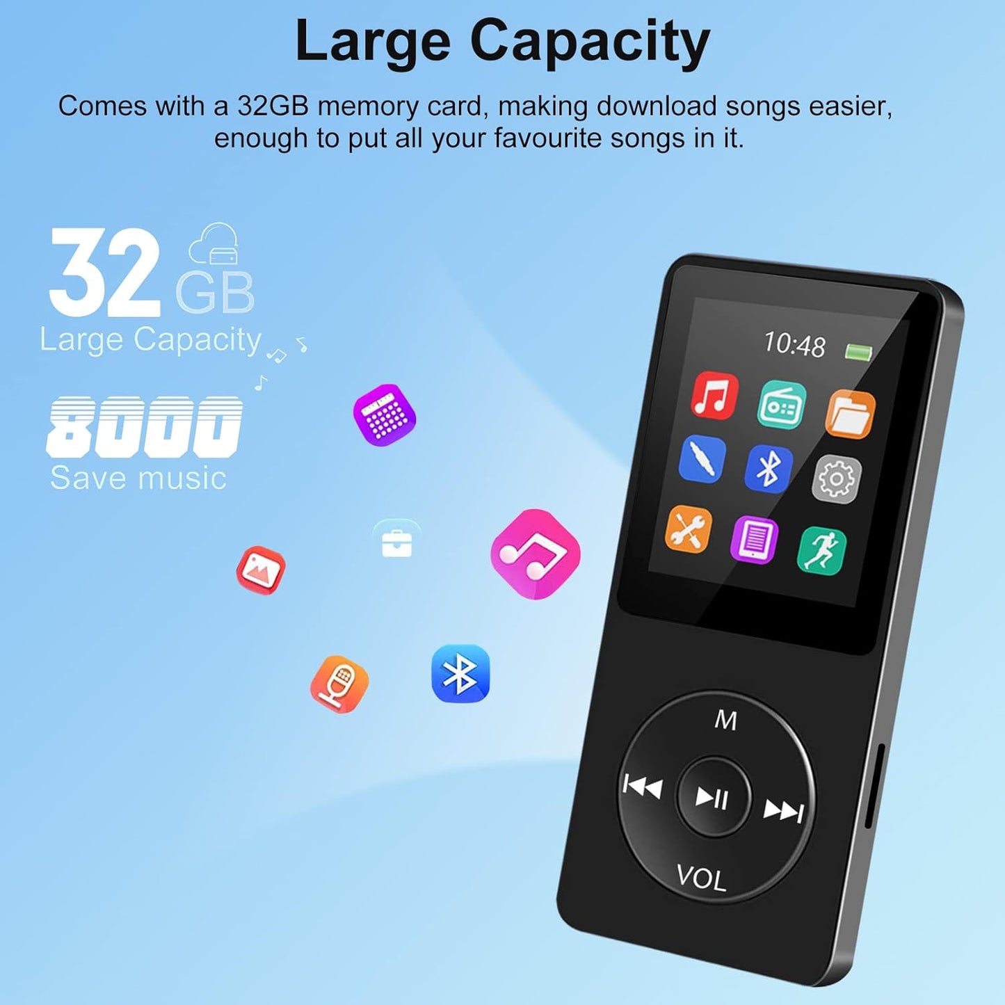 32GB MP3 Player with Bluetooth, Wodgreat Portable HiFi Lossless Music Players with Built-in Speaker for FM/Video/E-Book, Multifunctional Walkman Media Player with TF Card Slot, Support up to 128GB