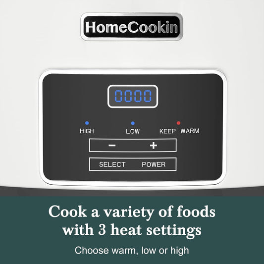 HOMECOOKIN 7-Quart Programmable Slow Cooker with Timer Keep Warm - Small Kitchen Appliance for Family Dinners - Serves 6+ People (White)