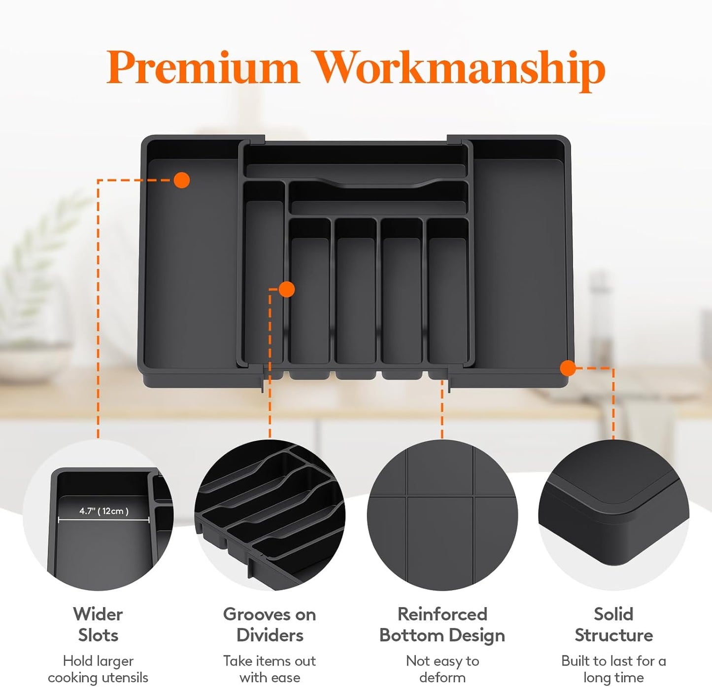 Lifewit Cutlery Organizer, Expandable Utensil Organizer for Kitchen, Utensil Holder, Adjustable Cutlery Rack Organizer for Spoons, Knives, Kitchen Organizers and Storage, Black