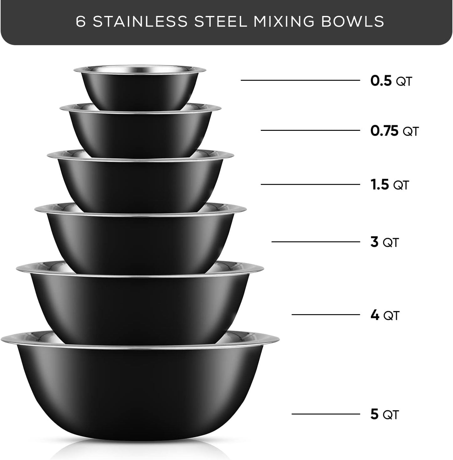 JoyJolt Stainless Steel Mixing Bowl Set - 6 Piece Nesting Bowls, 5qt to 0.5qt, Ideal for Kitchen, Cooking, Baking and Storage