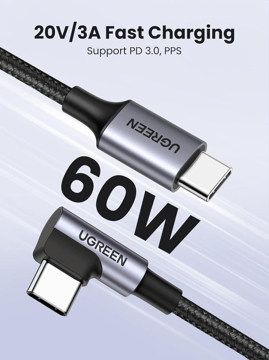 UGREEN USB C to USB C Cable 60W 2 Pack Right Angle PD 3.0 Type C Fast Charging Cord Charger Cable Compatible with iPhone 16 15 Pro Max, Galaxy S25 S24 S23 S22 Ultra, iPad Air Mini, MacBook, 3ft - PuriLite